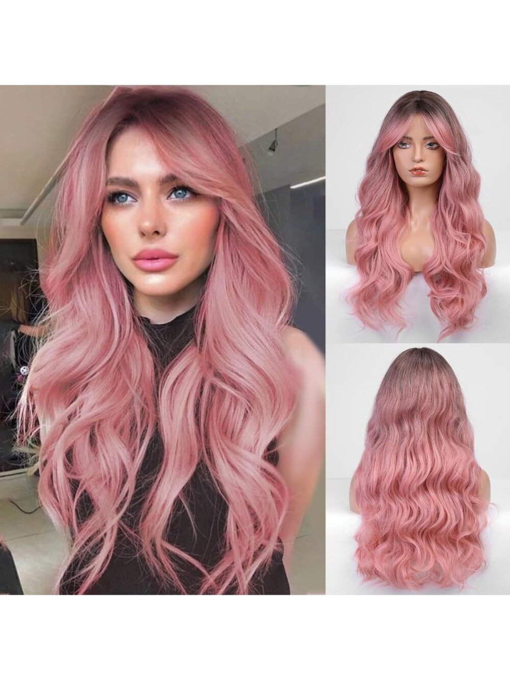 Women's Ombre Pink Heat Resistant Long Curly Wavy Synthetic Wig Bang Size 26In